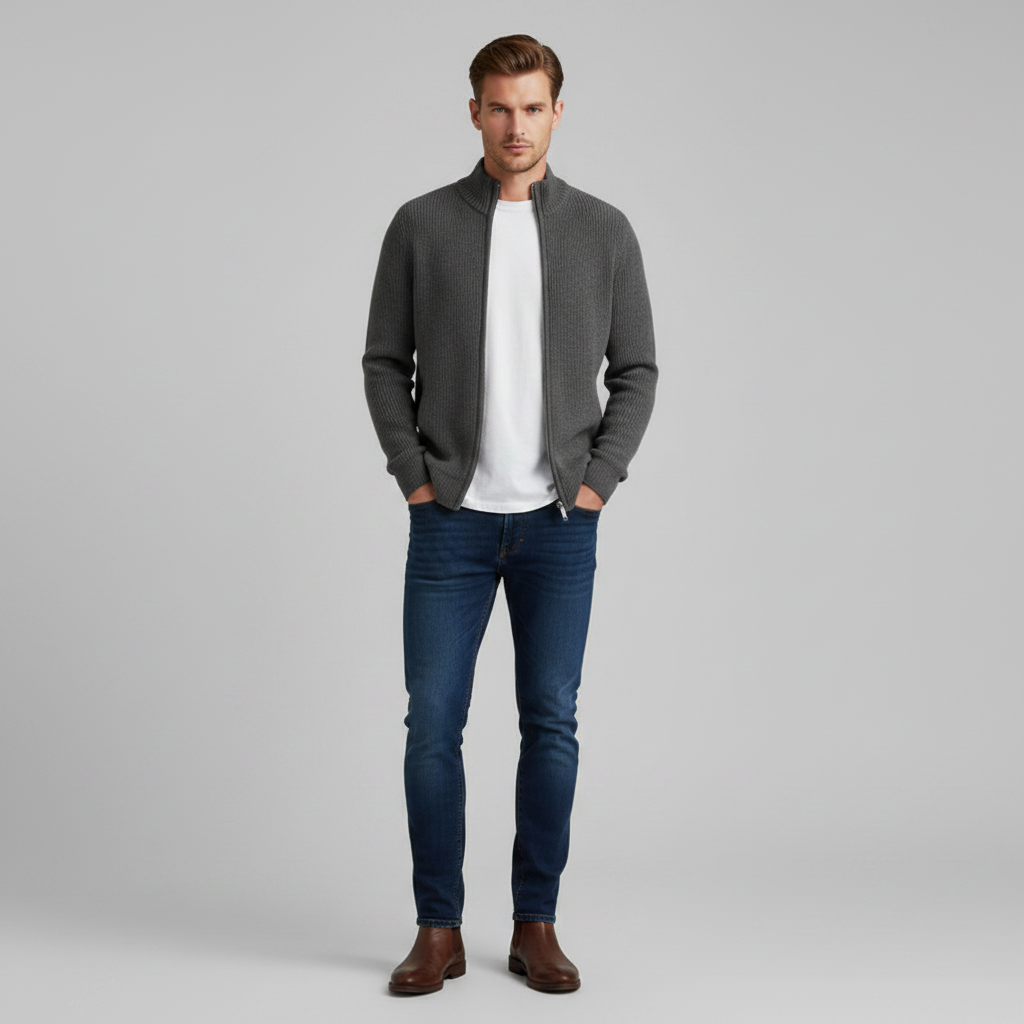 Men's Slim Fit Zip Cardigan | Ribbed Knit Black Cardigan