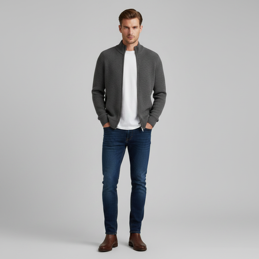 Men's Slim Fit Zip Cardigan | Ribbed Knit Black Cardigan