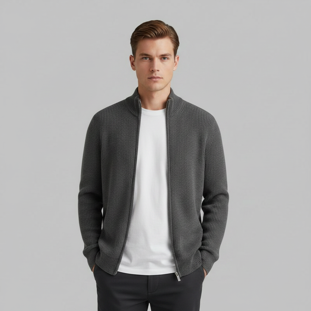 Men's Slim Fit Zip Cardigan | Ribbed Knit Black Cardigan
