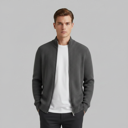 Men's Slim Fit Zip Cardigan | Ribbed Knit Black Cardigan