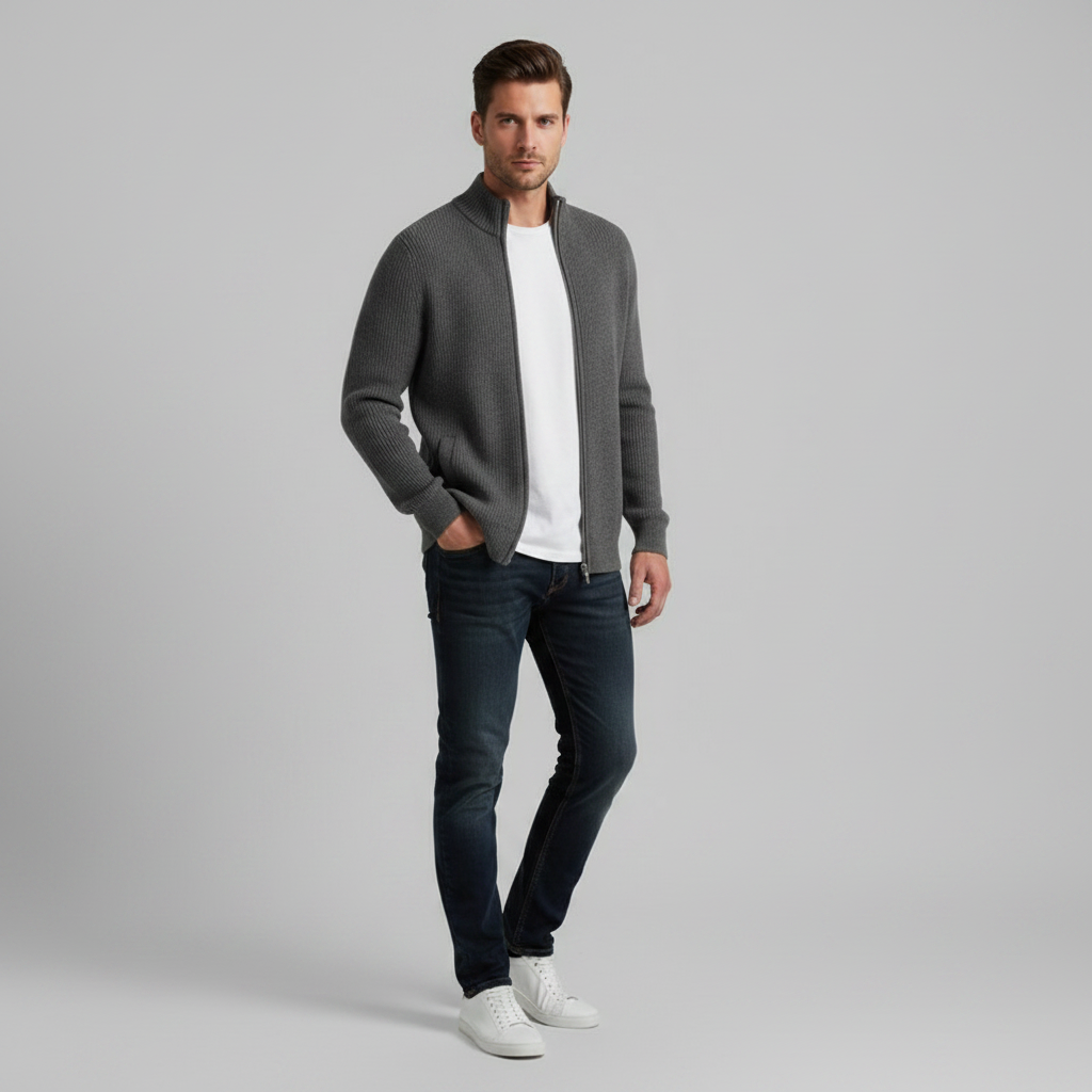 Men's Slim Fit Zip Cardigan | Ribbed Knit Black Cardigan