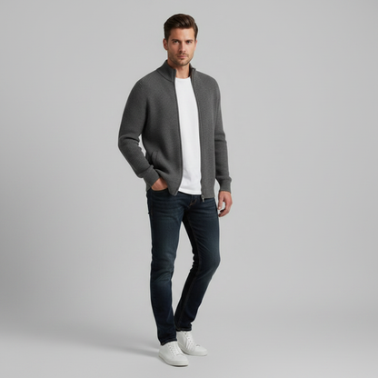 Men's Slim Fit Zip Cardigan | Ribbed Knit Black Cardigan