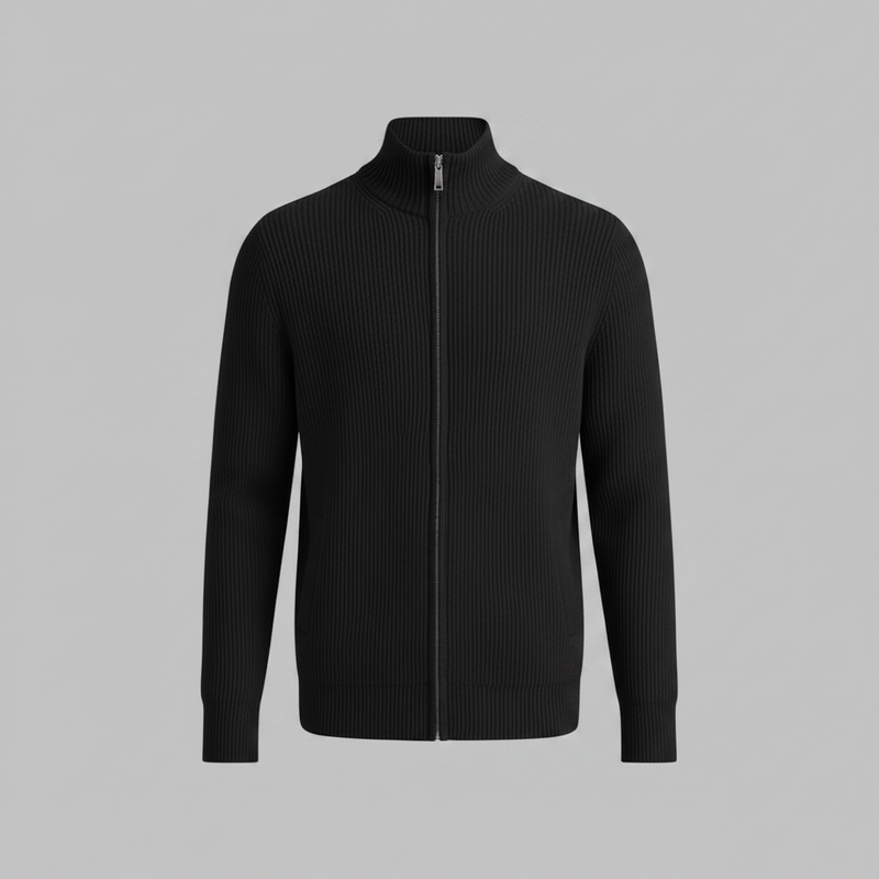 Men's Slim Fit Zip Cardigan | Ribbed Knit Black Cardigan