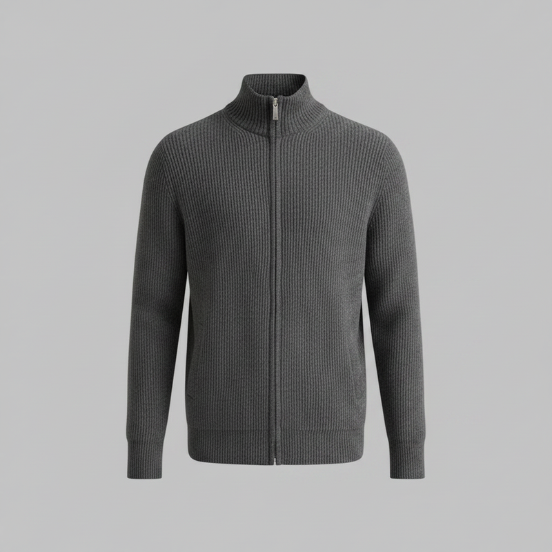 Men's Slim Fit Zip Cardigan | Ribbed Knit Black Cardigan