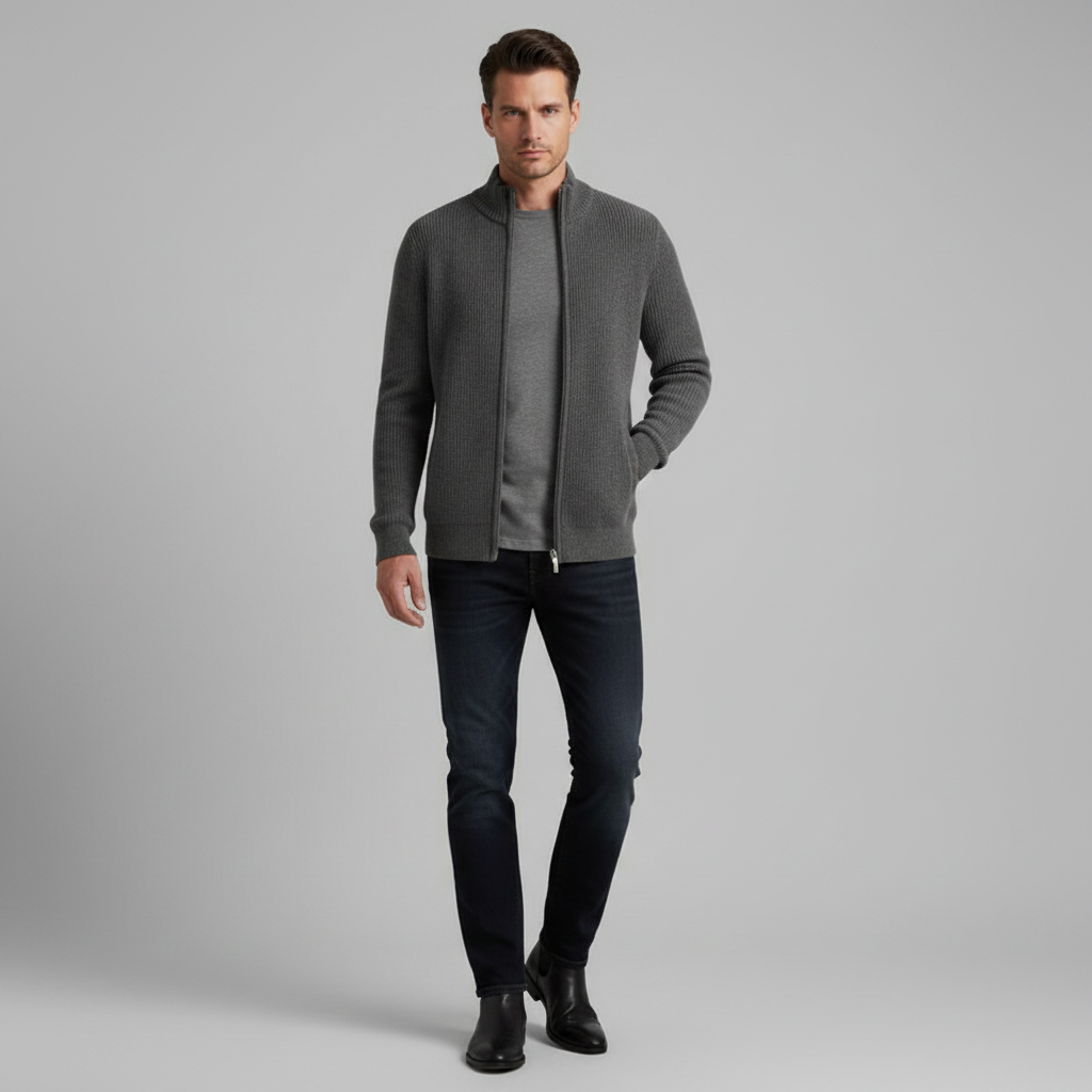 Men's Slim Fit Zip Cardigan | Ribbed Knit Black Cardigan