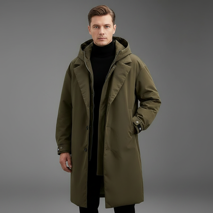 Men's Waterproof Puffer Trench Coat | Long Hooded Jacket