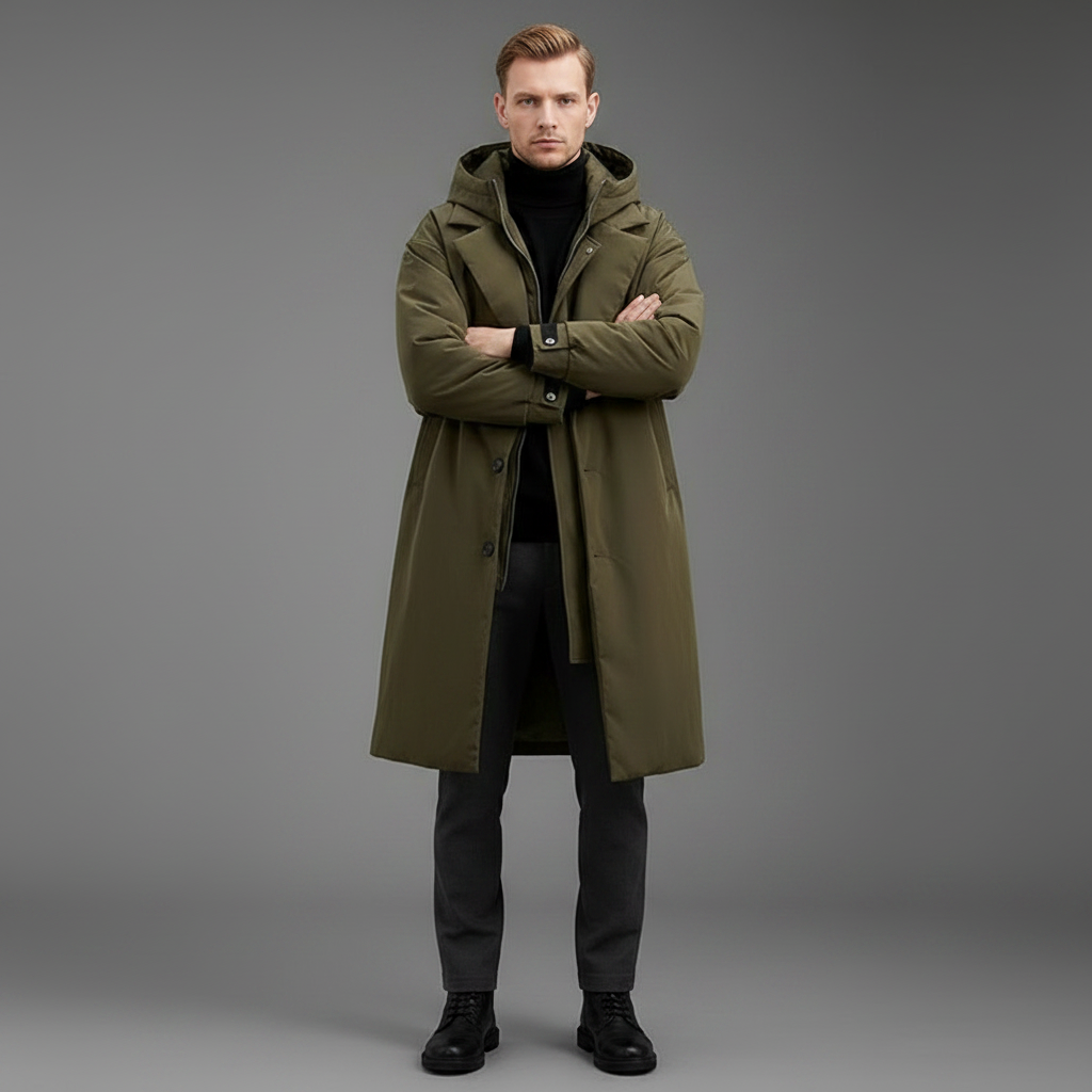 Men's Waterproof Puffer Trench Coat | Long Hooded Jacket