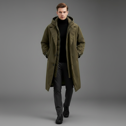 Men's Waterproof Puffer Trench Coat | Long Hooded Jacket